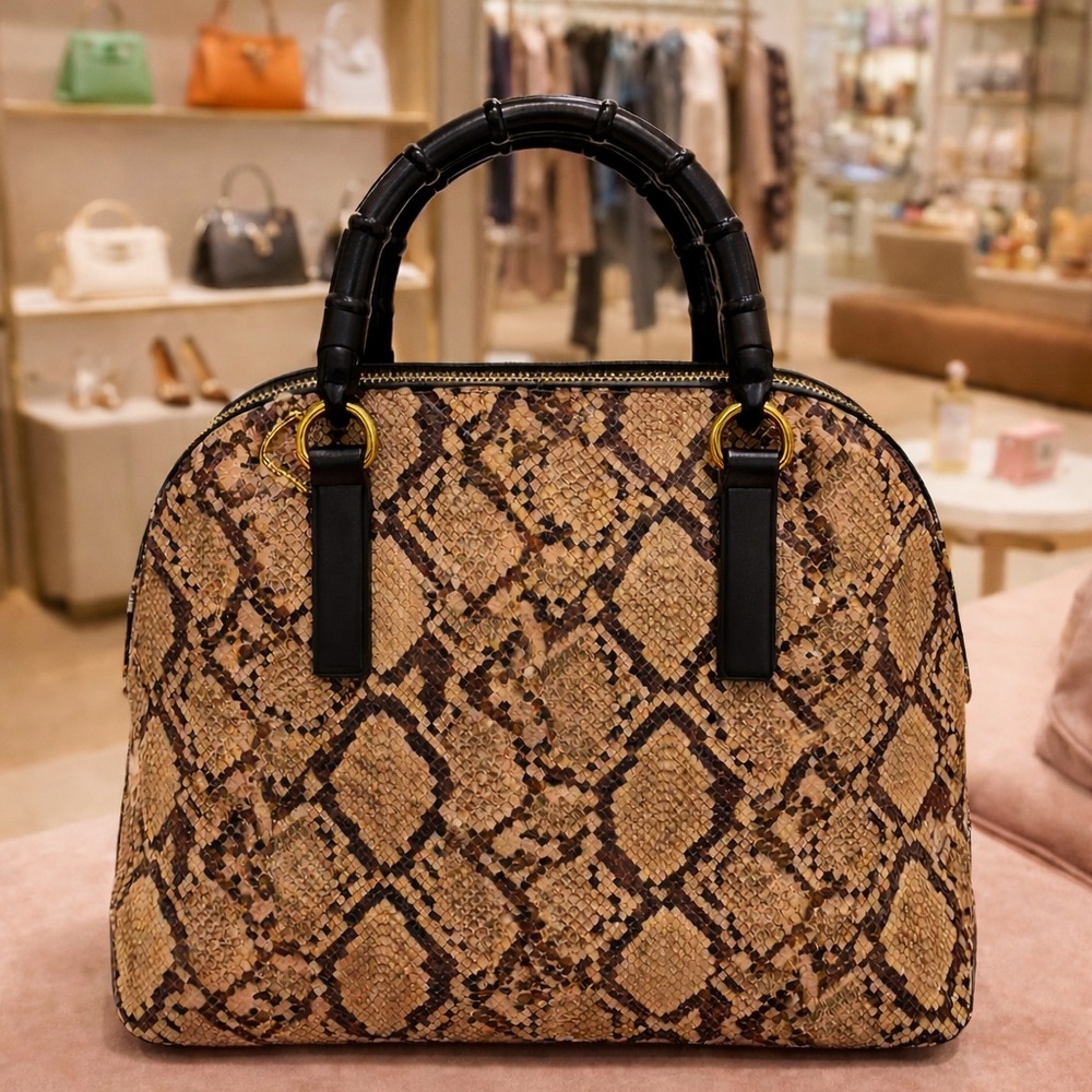 Trendy Snake Print Handbag with Custom Black Faux Bamboo Handles - Picture 2 of 4
